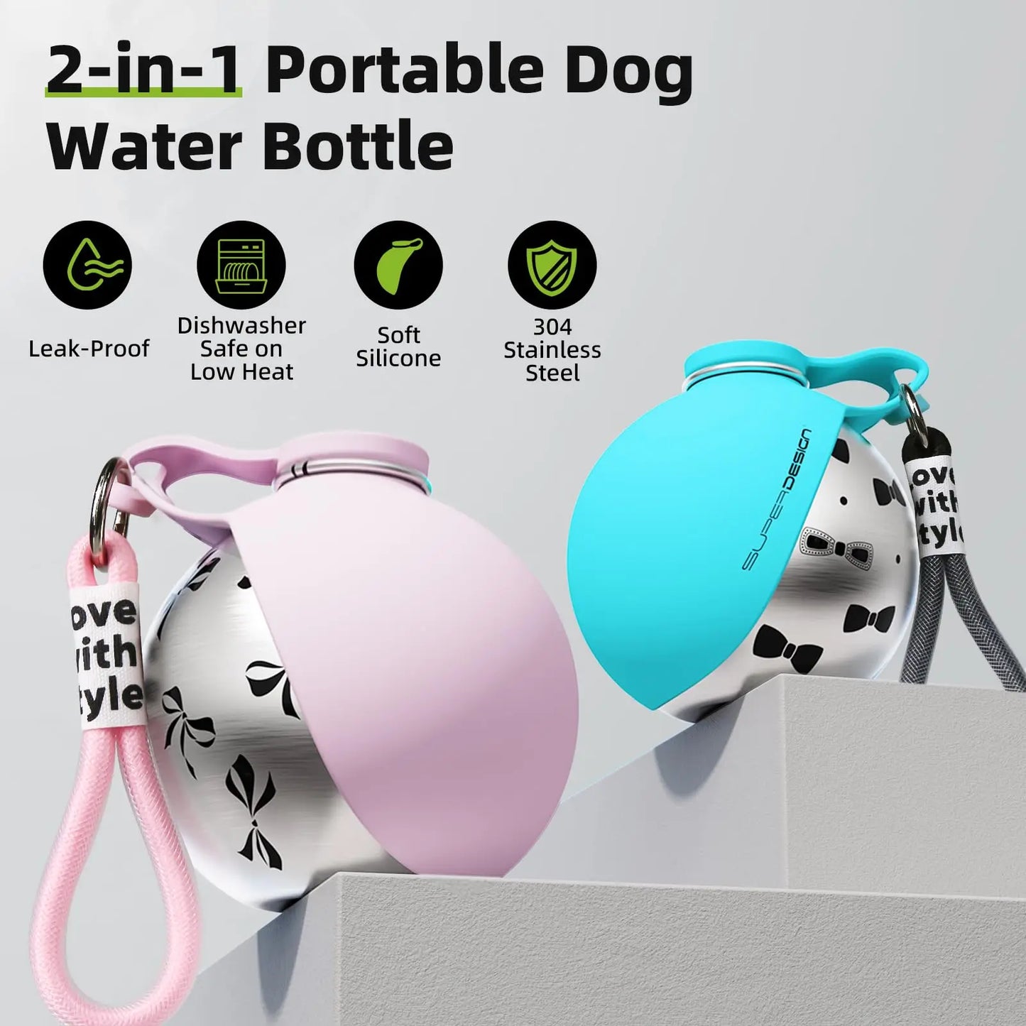 2-in-1 Portable Dog Water Bottle – Leak-Proof Travel Water Bottle for Small Dogs | Stainless Steel & Silicone Design 🐶💧