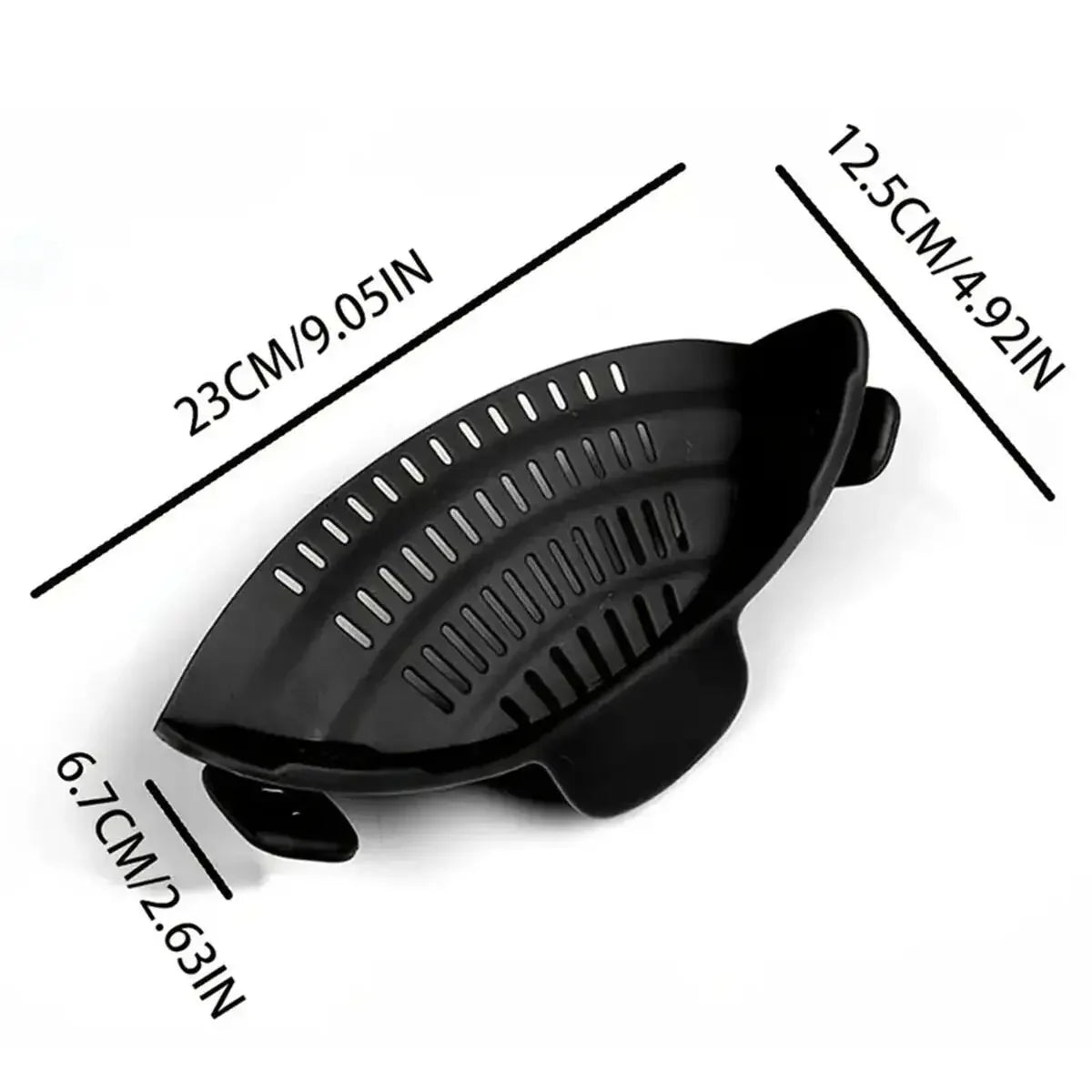 Black silicone grill with measurements on a white background