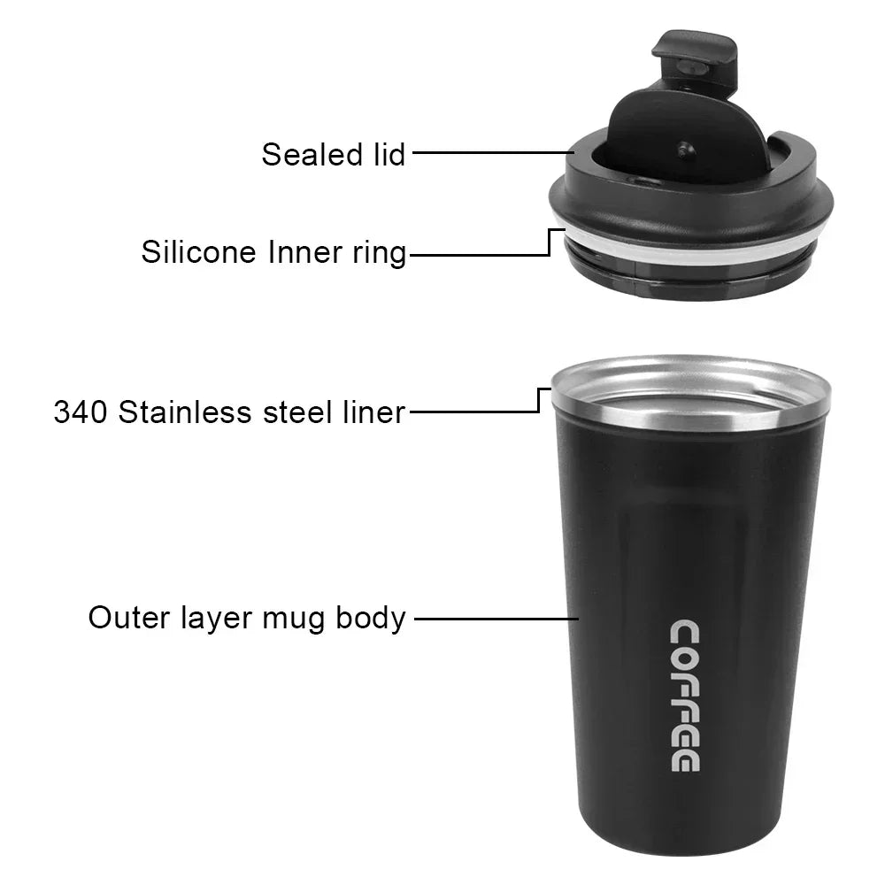 Black insulated mug with labeled components on a white background