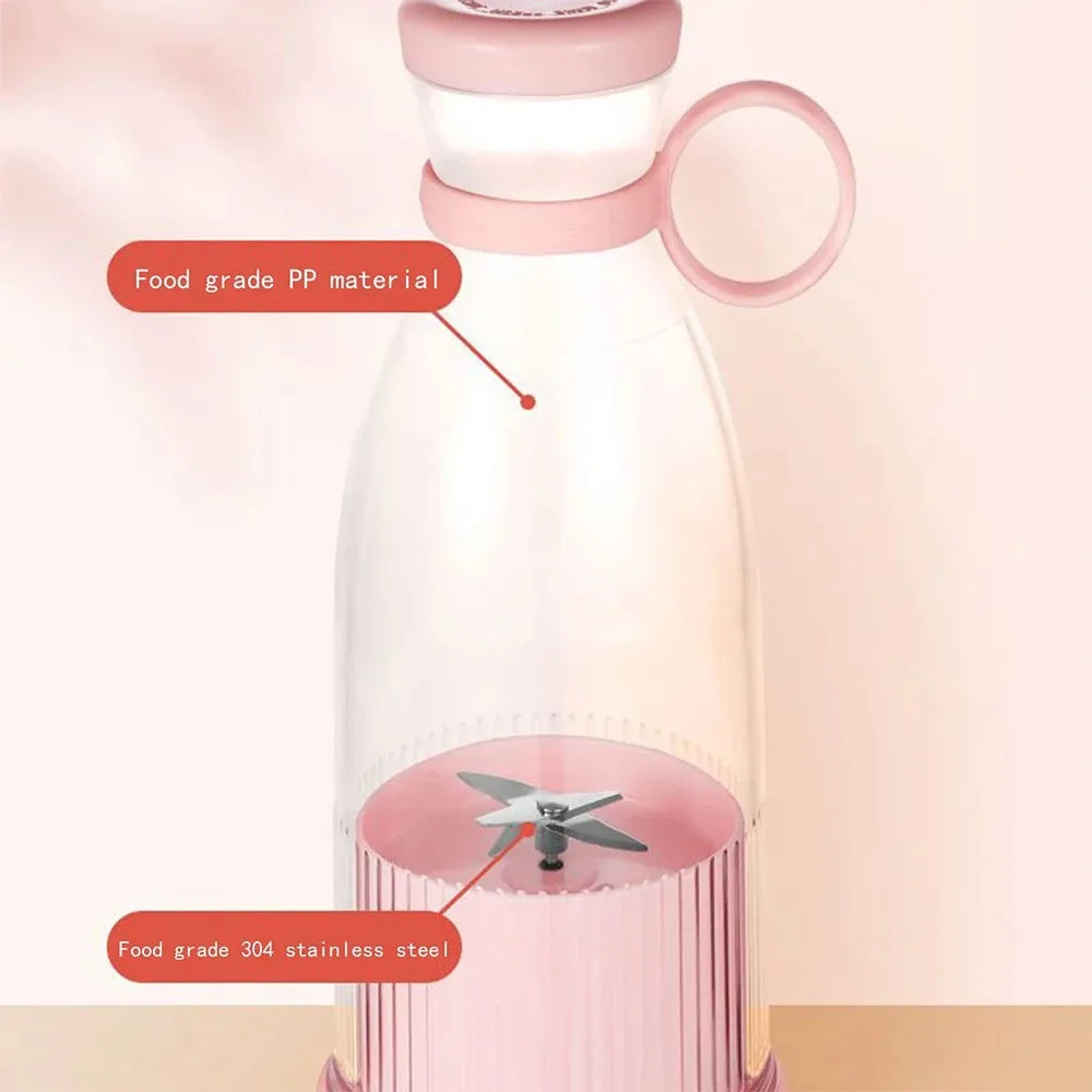 Pink juicer with text indicating food grade PP material and 304 stainless steel components on a light pink background.