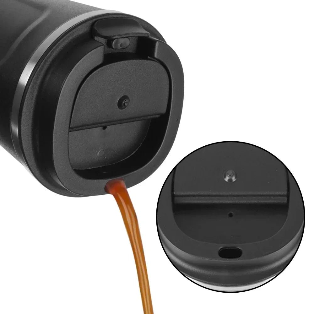 Black coffee cup lid with a stream of coffee flowing out on a white background