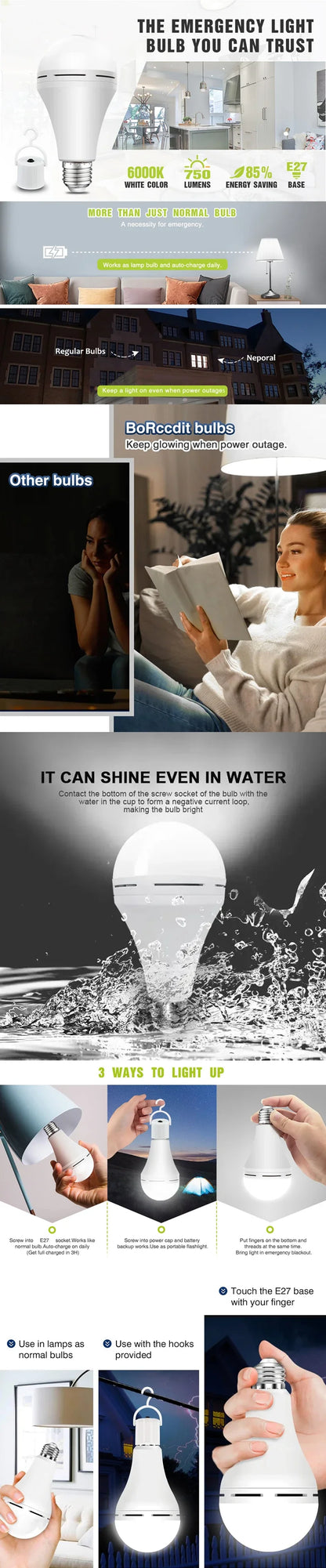 LED Rechargeable Emergency Light Bulb Portable Camping Lamp