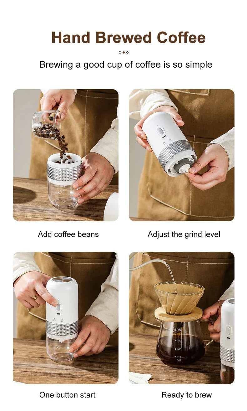 Step-by-step process of brewing hand brewed coffee using a handheld grinder.
