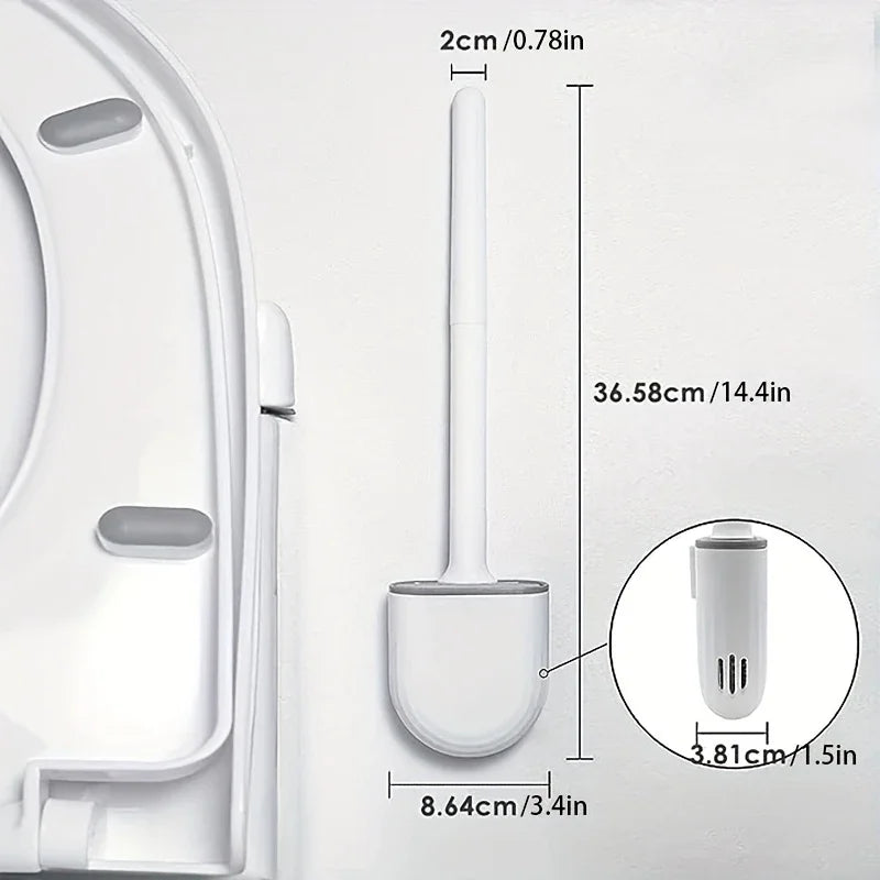 White toilet brush with measurements on a white background