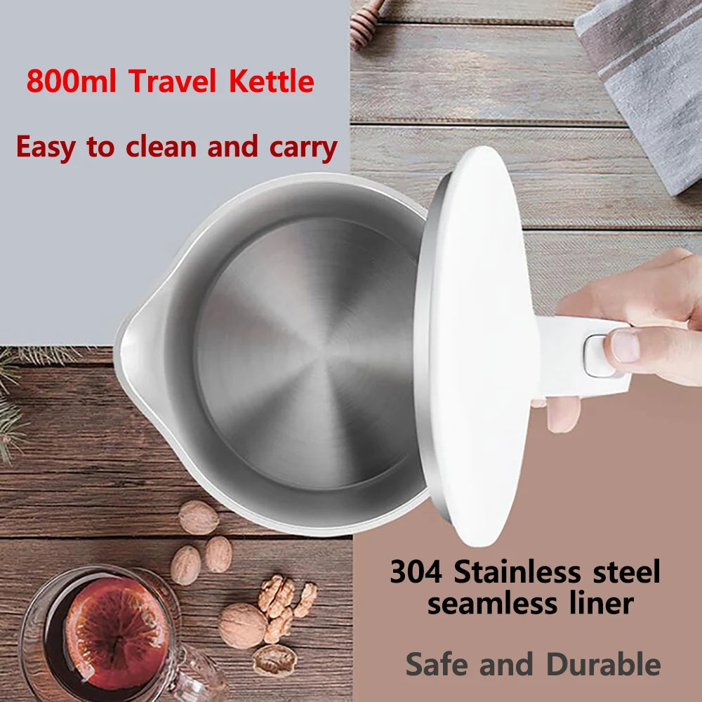 800ml travel kettle with 304 stainless steel liner on a wooden surface.