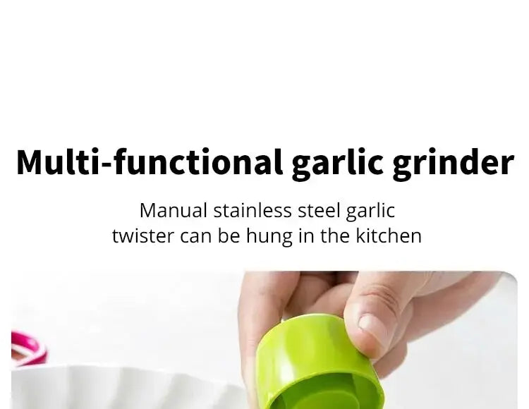 Green garlic grinder held by a hand with text describing its features.