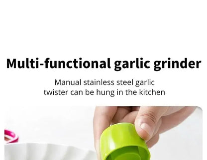 Green garlic grinder held by a hand with text describing its features.