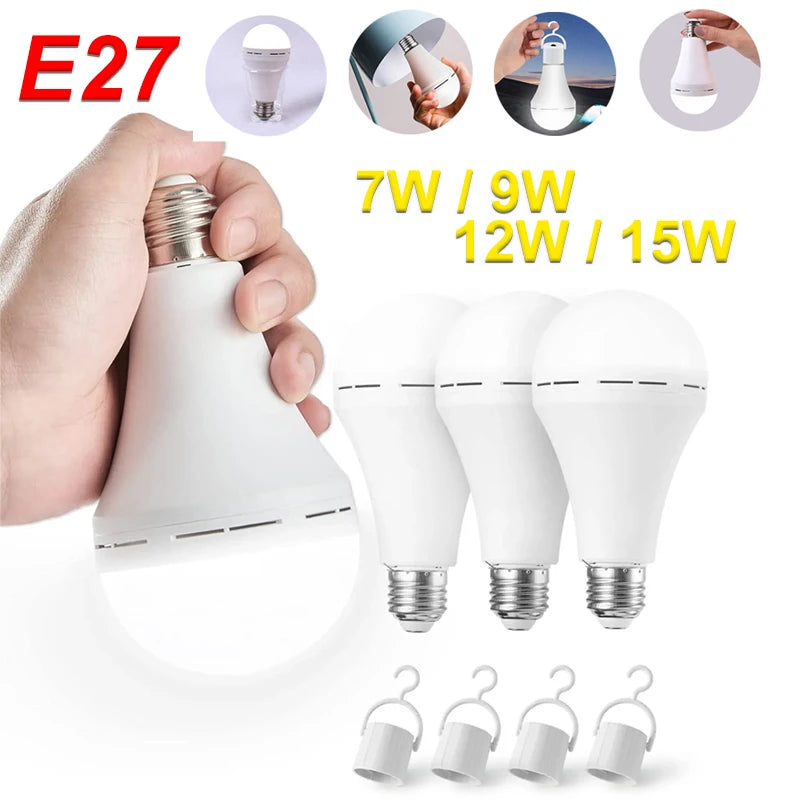 Hand holding a LED light bulb with various wattage options displayed.