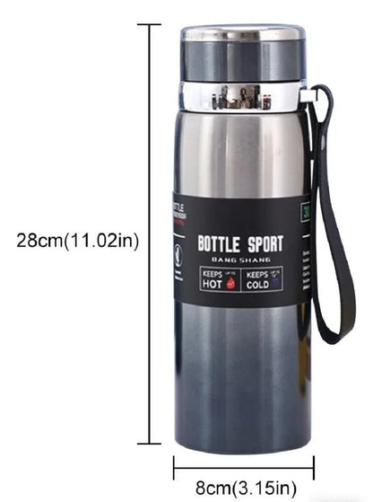 Stainless steel water bottle with measurement details on a white background