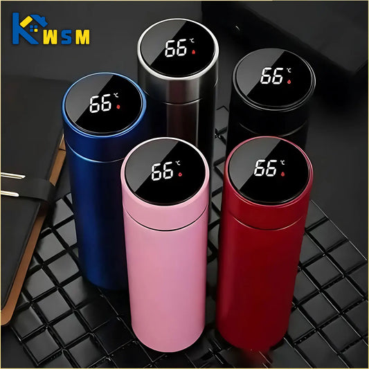 Five colorful thermos bottles with digital temperature displays on a black grid background.