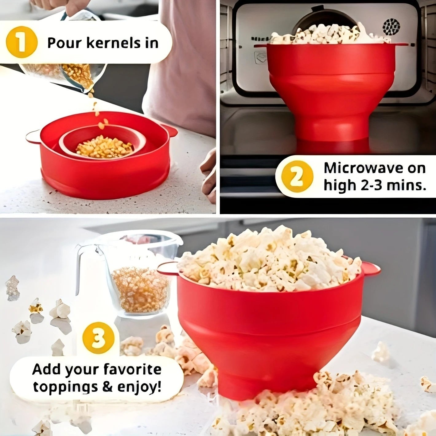 Step-by-step guide to making popcorn using a red silicone popper.