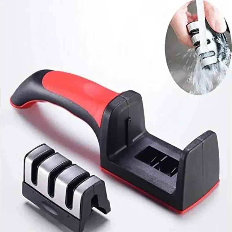 Knife sharpener with red and black handle on a white background
