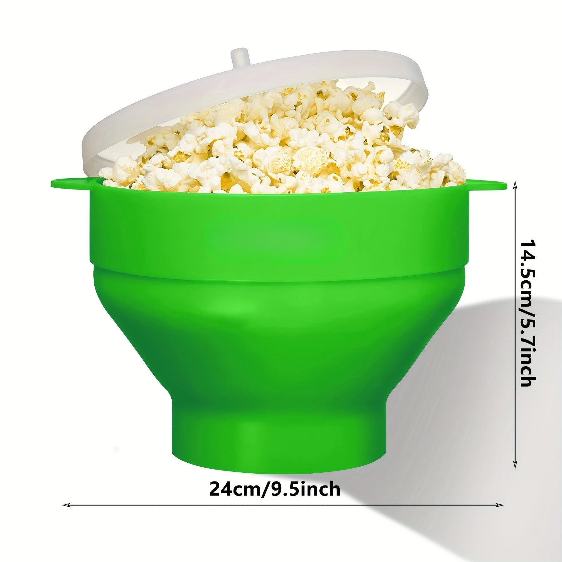 Green popcorn maker filled with popcorn with dimensions indicated on a white background