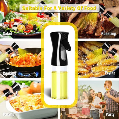 Olive oil sprayer surrounded by images of food preparation and people enjoying food.