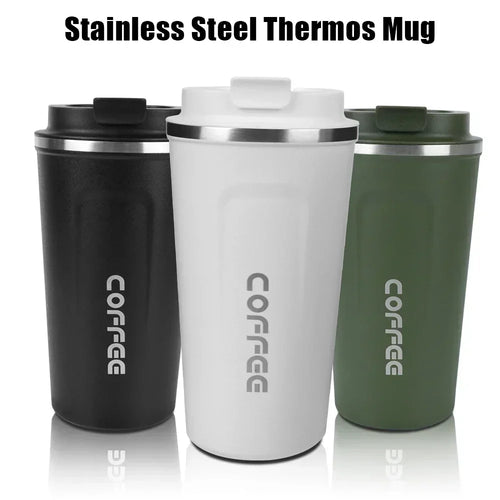 Three stainless steel thermos mugs in black, white, and green with 'COFFEE' text on a white background.