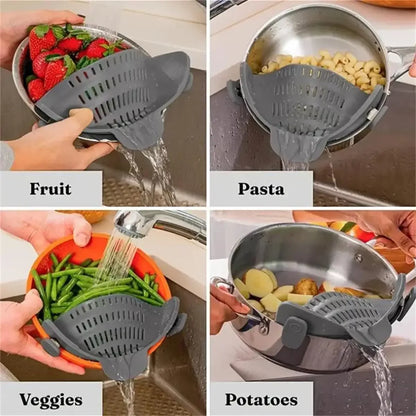 Collage of a kitchen tool used for washing fruits, pasta, vegetables, and potatoes.