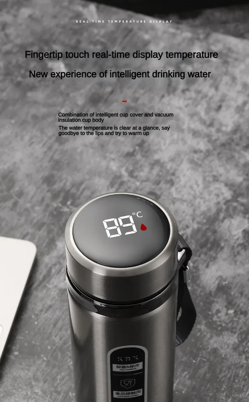 Temperature display on a water bottle with text about real-time temperature display.