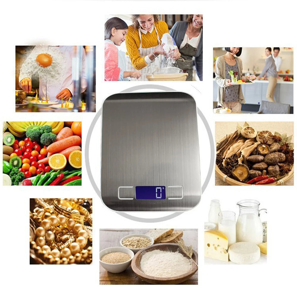 Collage of images including a kitchen scale, people cooking, and food items.