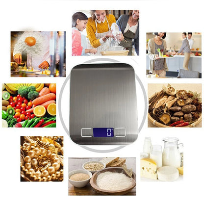 Collage of images including a kitchen scale, people cooking, and food items.