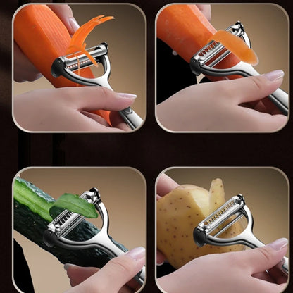 Collage of a vegetable peeler being used on carrots, zucchini, and potatoes.
