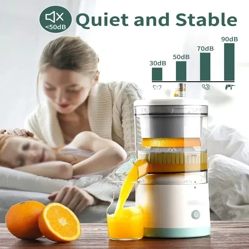 Woman feeding a baby while a juice extractor with oranges and juice is shown, with a focus on quietness and stability.