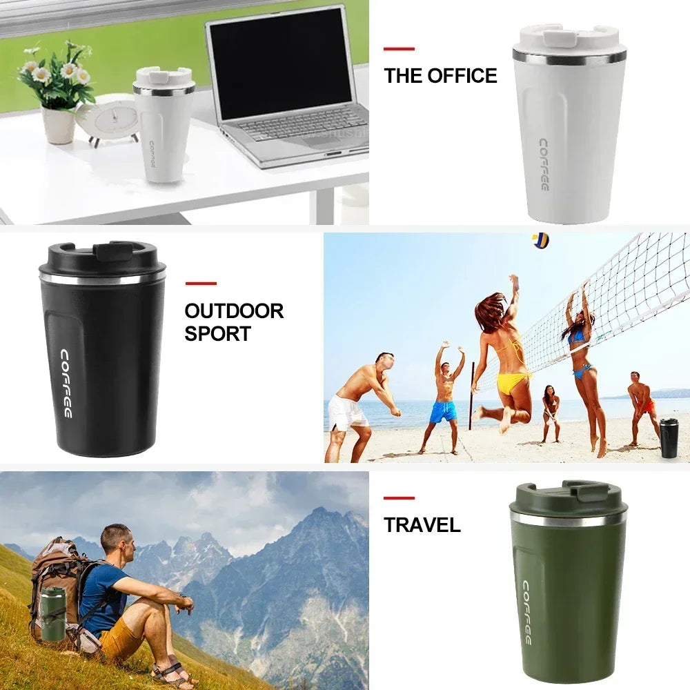 Collage of travel mugs in different settings: office, outdoor sports, and travel.
