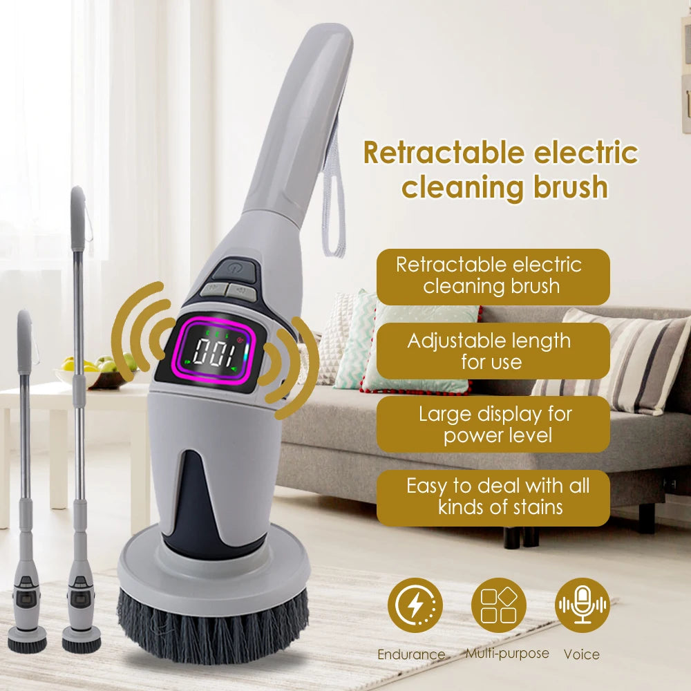 Retractable electric cleaning brush with features highlighted on a neutral background