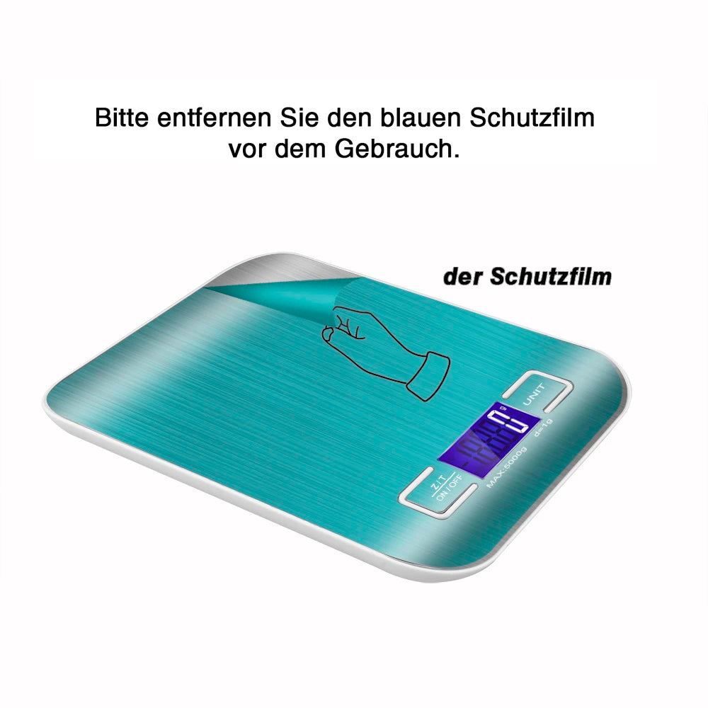 Digital kitchen scale with a blue screen on a white background, featuring German text.