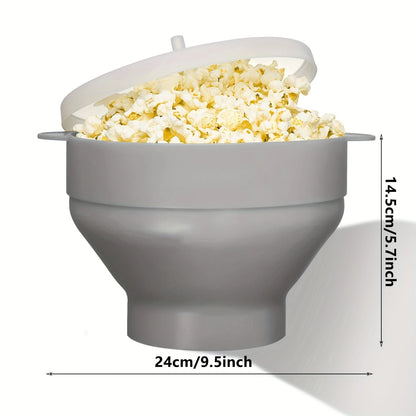 Gray popcorn maker with popped popcorn inside, showing dimensions on a white background