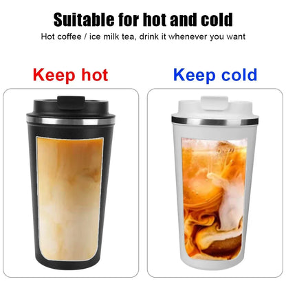 Two thermos cups with different colored lids, one black and one white, containing coffee. Text indicates suitability for hot and cold drinks.
