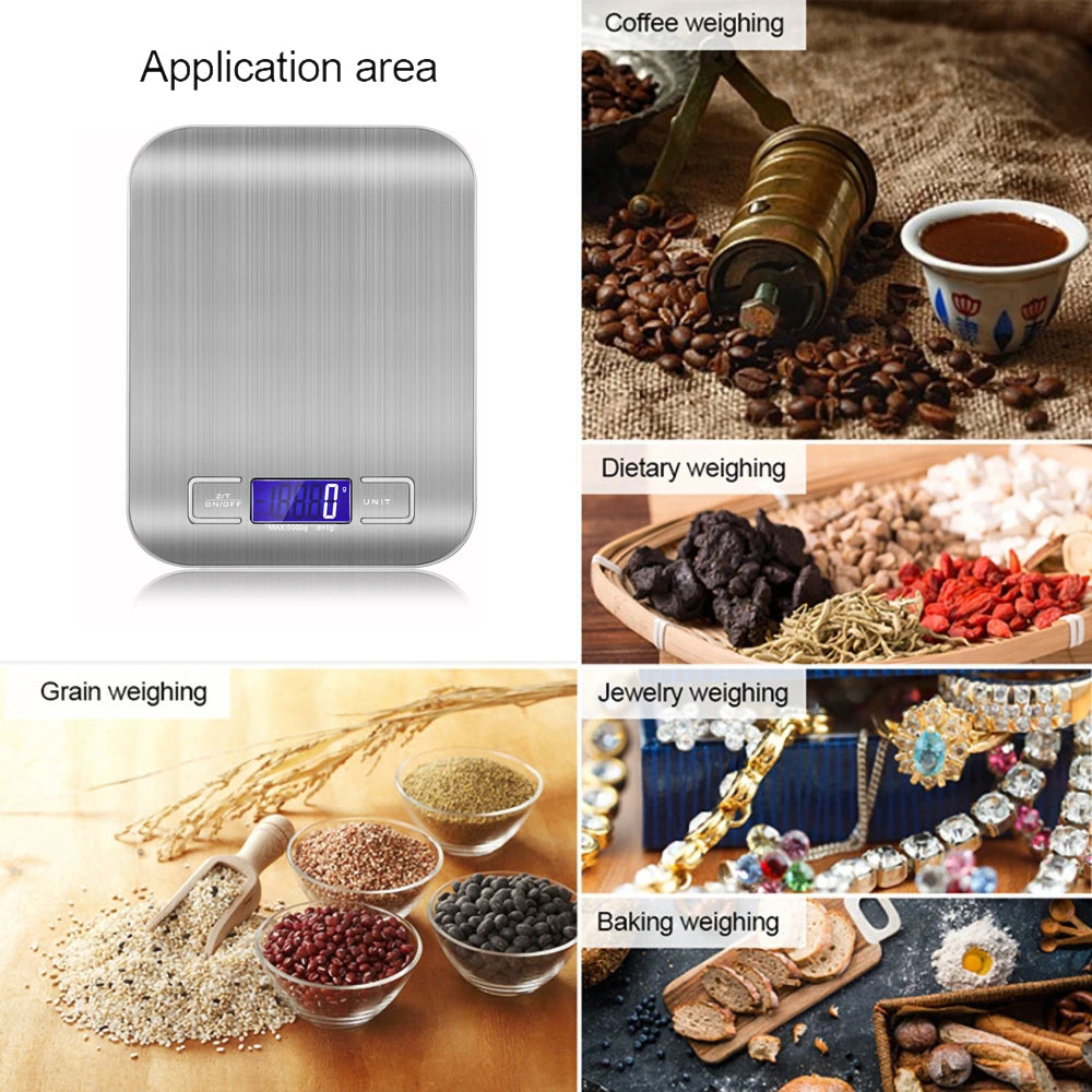 Silver digital kitchen scale with various applications shown, including coffee, dietary, grain, jewelry, and baking.