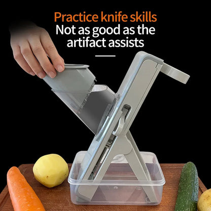 Vegetable chopper on a cutting board with vegetables and text about knife skills.