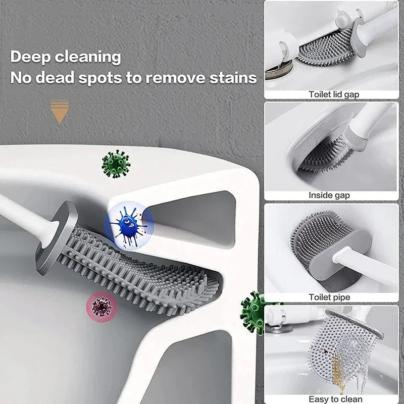 Toilet cleaning brush with various cleaning actions shown on a gray background