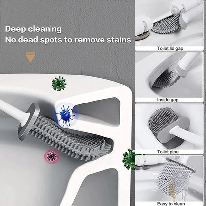 Toilet cleaning brush with various cleaning actions shown on a gray background