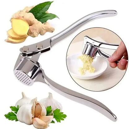 Garlic press with garlic, ginger, and a close-up of minced garlic on a white background