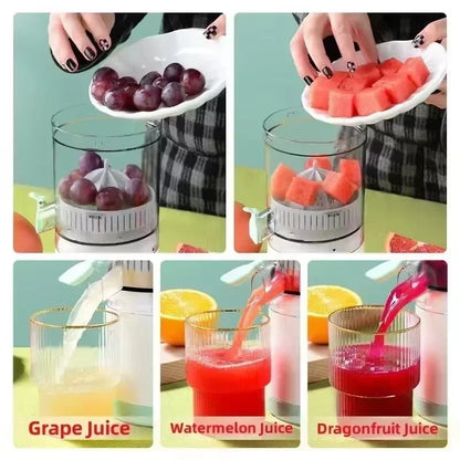 Collage of using a manual juicer to extract juice from grapes, watermelon, and dragonfruit.