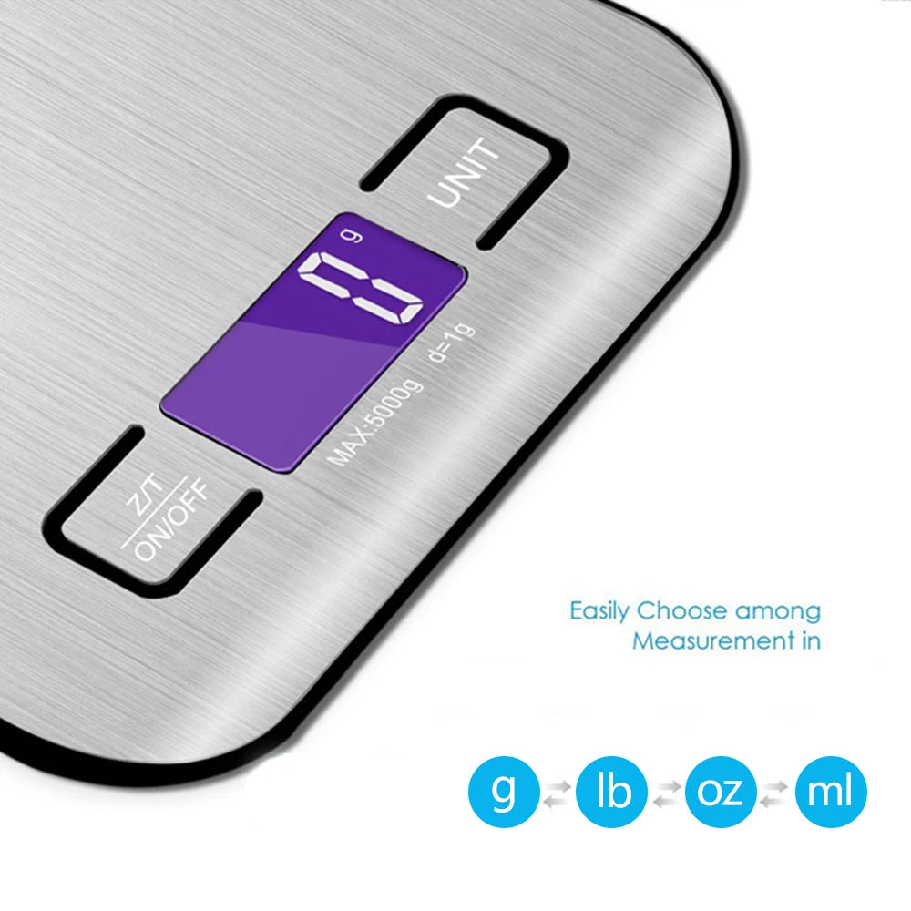 Digital kitchen scale with a metallic finish and purple digital display on a white background.
