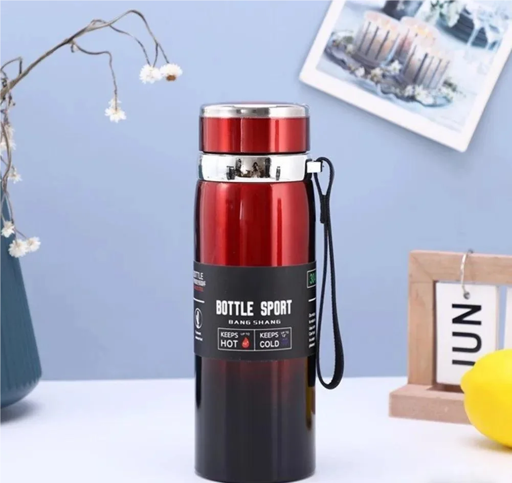 Red and black insulated bottle with 'Bottle Sport' label on a light blue background