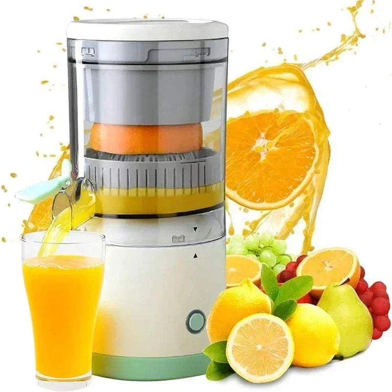 Juicer with a glass of orange juice and fruits on a white background