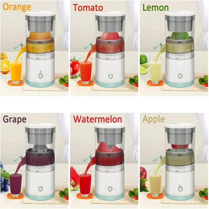 Collage of a portable juicer with different fruit options on a white background
