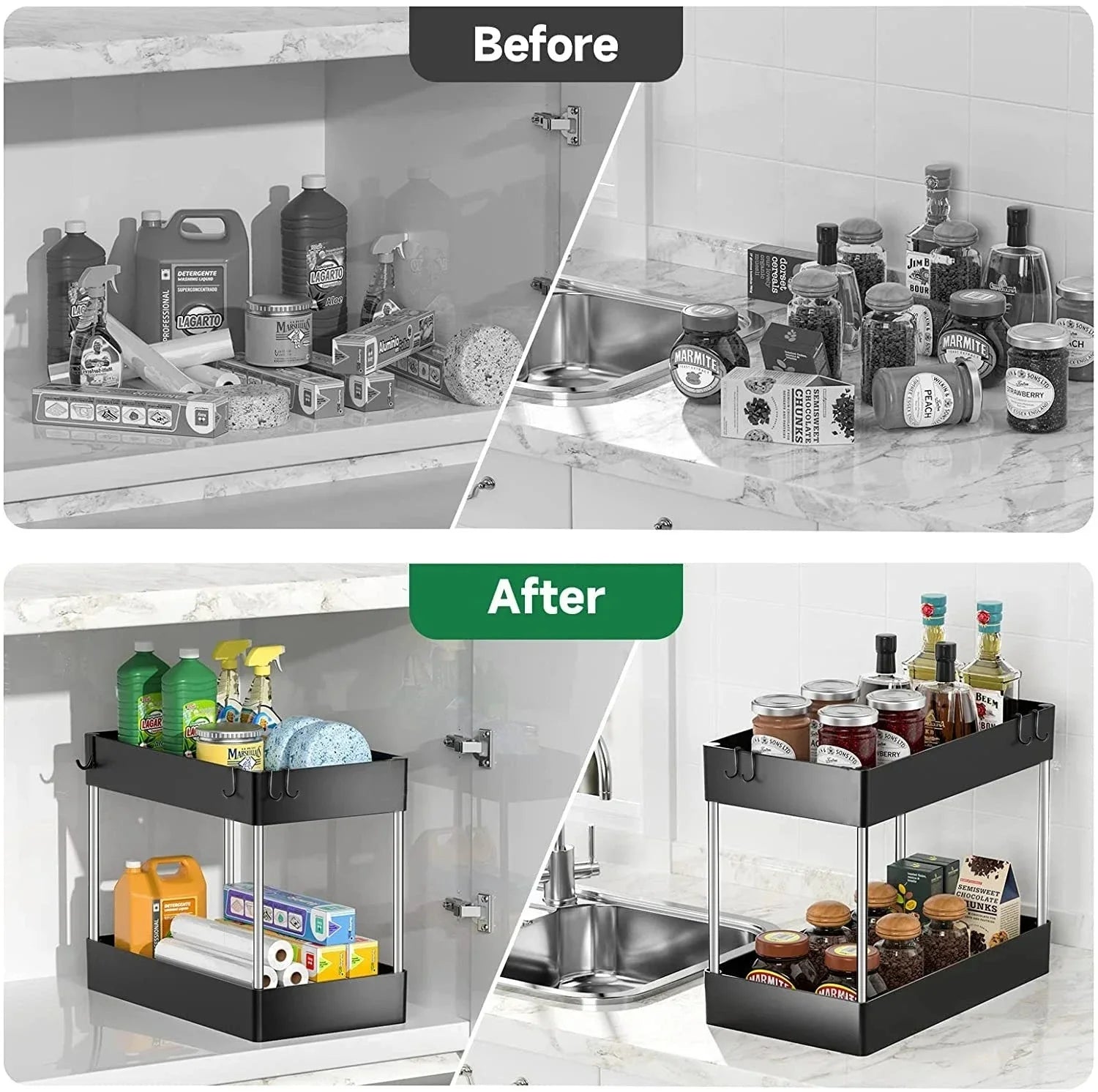Before and after comparison of a kitchen cabinet with an organizer.
