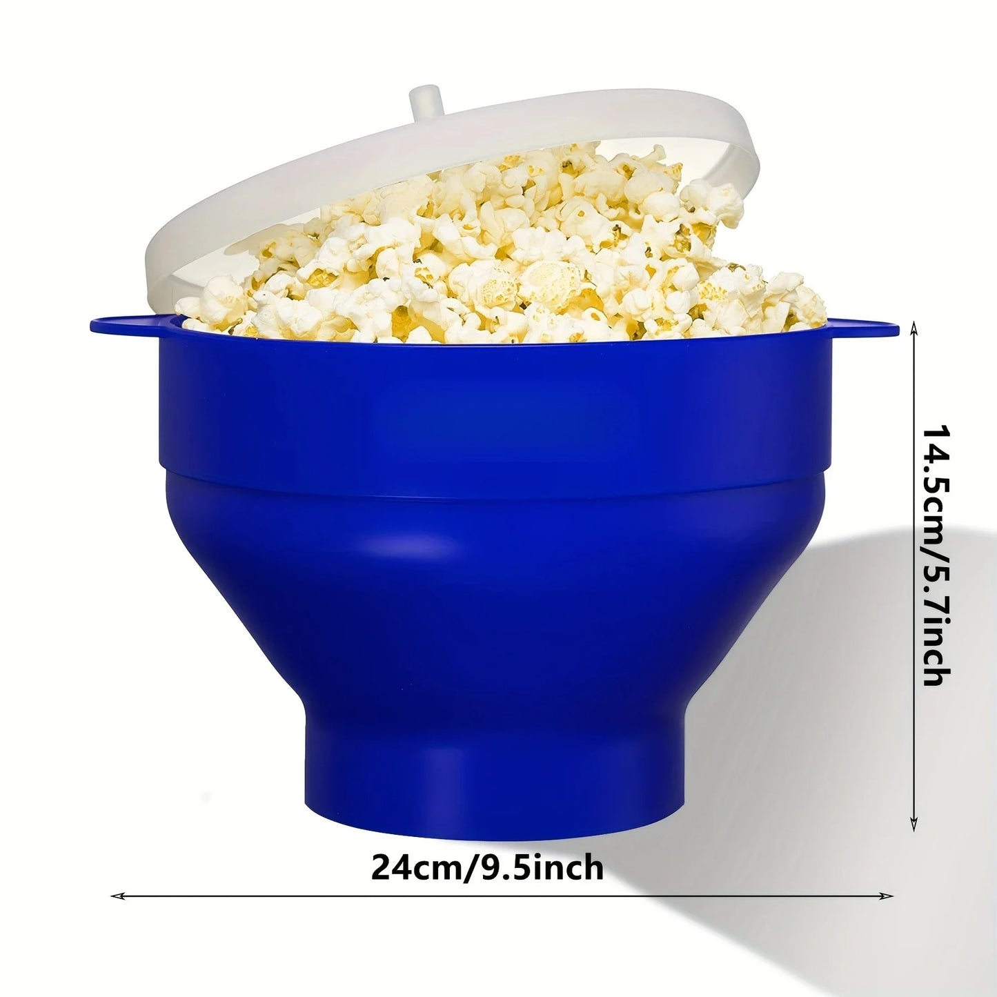 Blue popcorn maker filled with popcorn with dimensions indicated on a white background