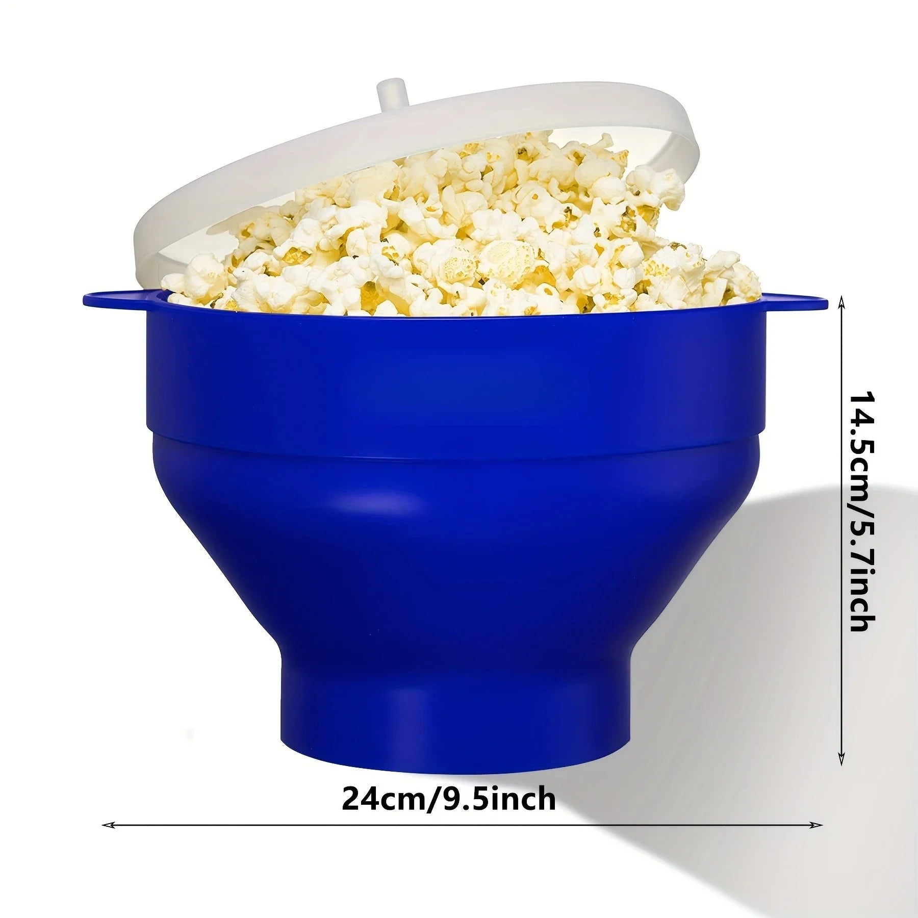 Blue popcorn maker filled with popcorn with dimensions indicated on a white background