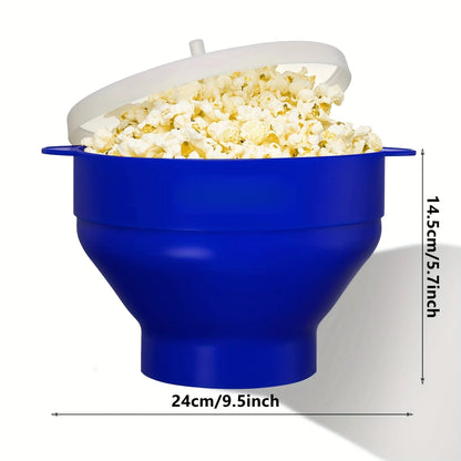 Blue popcorn maker filled with popcorn with dimensions indicated on a white background