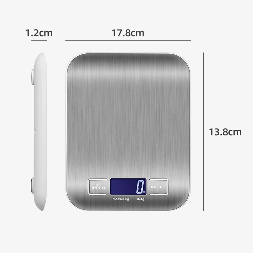 Digital kitchen scale with dimensions labeled on a white background