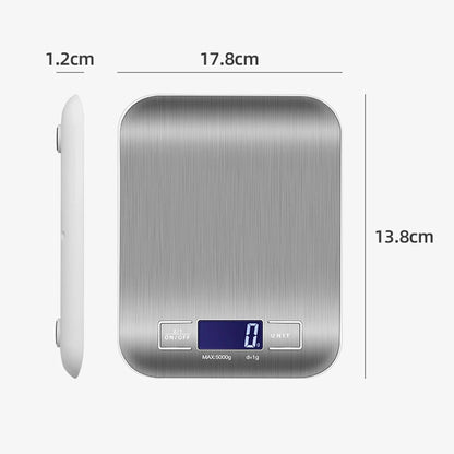 Digital kitchen scale with dimensions labeled on a white background