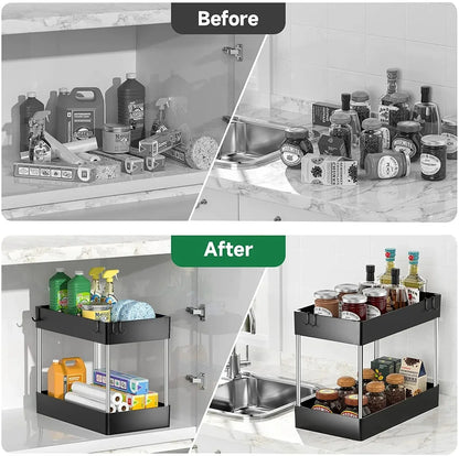 Before and after comparison of a kitchen cabinet with an organizer.