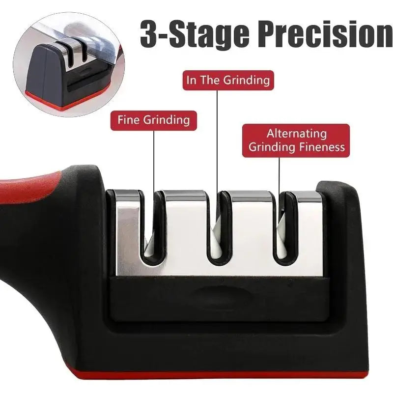 Knife sharpener with three stages of precision grinding on a white background
