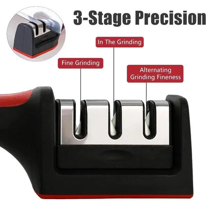 Knife sharpener with three stages of precision grinding on a white background