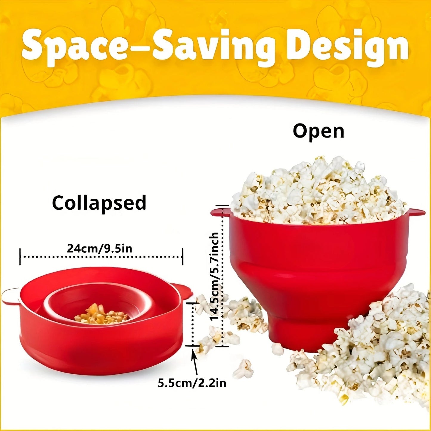 Red silicone popcorn maker showing space-saving design with measurements on a yellow and white background.